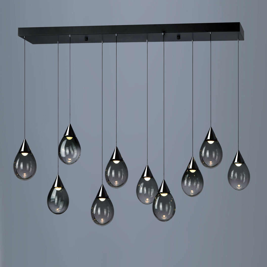 Norden Linear 10 Pendant Light by Lucretia Lighting showcasing Scandinavian designer lighting with hand blown raindrop glass pendants