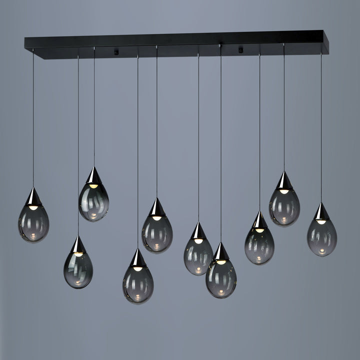 Norden Linear 10 Pendant Light by Lucretia Lighting showcasing Scandinavian designer lighting with hand blown raindrop glass pendants