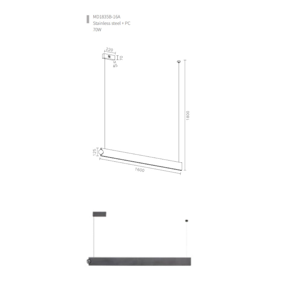 technical drawing of Orbit linear pendant light showing suspension, proportions and architectural LED lighting design