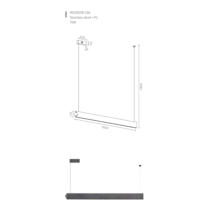 technical drawing of Orbit linear pendant light showing suspension, proportions and architectural LED lighting design