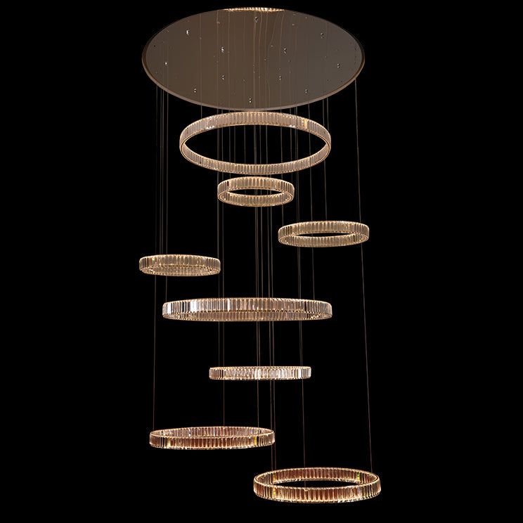 Lucretia Lighting Pharaoh bespoke crystal chandelier multi ring custom feature light for voids staircases and luxury modern interiors