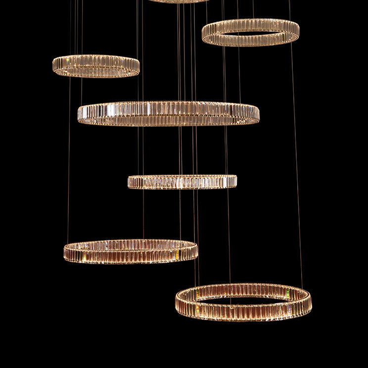 Lucretia Lighting Pharaoh crystal chandelier bespoke custom multi ring pendant for double height voids staircases and contemporary interiors
