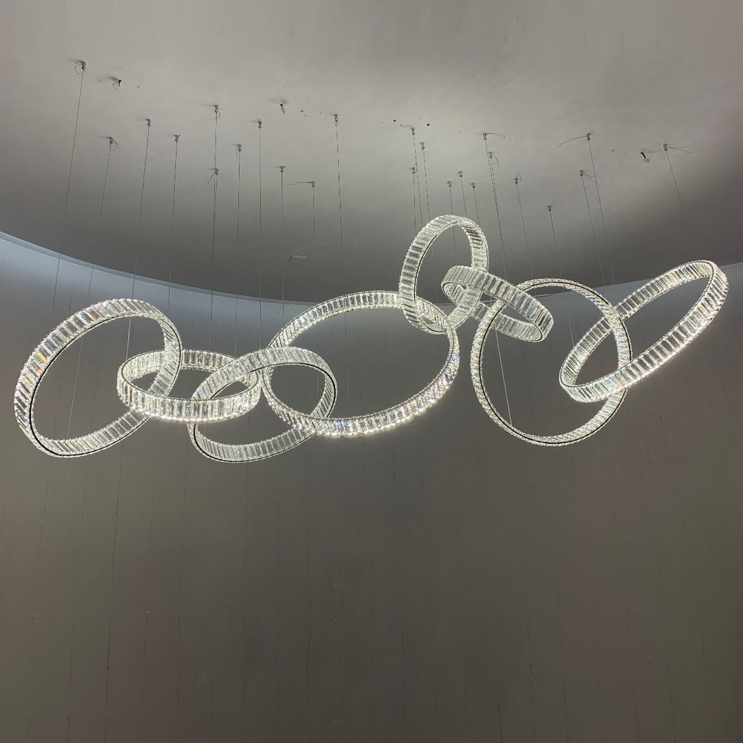 Lucretia Lighting Pharaoh Horizontal Custom Crystal Pendant bespoke luxury feature light for dining rooms lobbies open living spaces and modern interiors