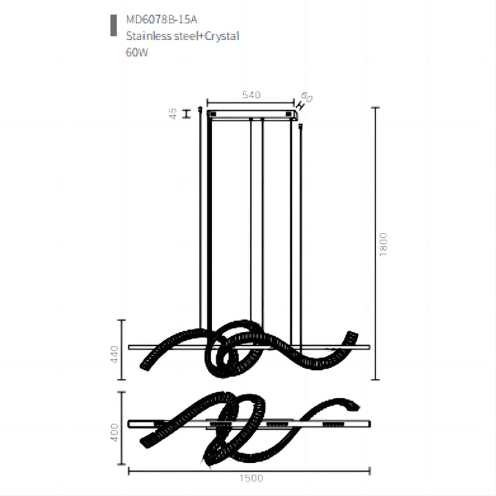 Technical drawing of the Pharaoh Knot Pendant Light illustrating custom size and sculptural form by Lucretia Lighting