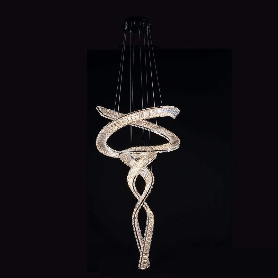 Lucretia Lighting Pharaoh Tour Double 1200 chandelier bespoke crystal LED double spiral feature light for stair voids and luxury interiors