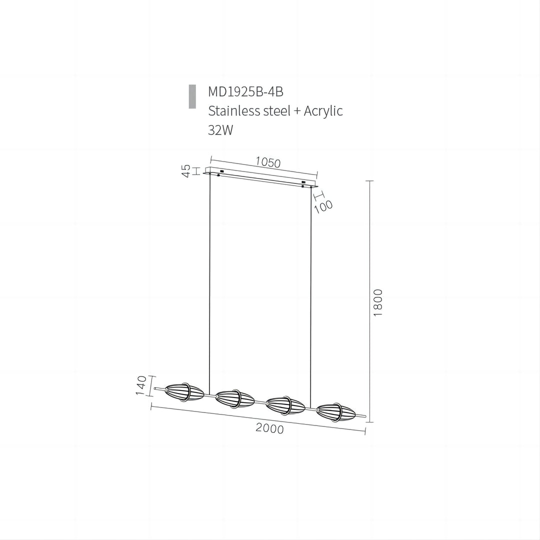 technical drawing of Lucretia Lighting Selene Horizontal 4 linear pendant light showing dimensions suspension and LED layout for kitchen island installation