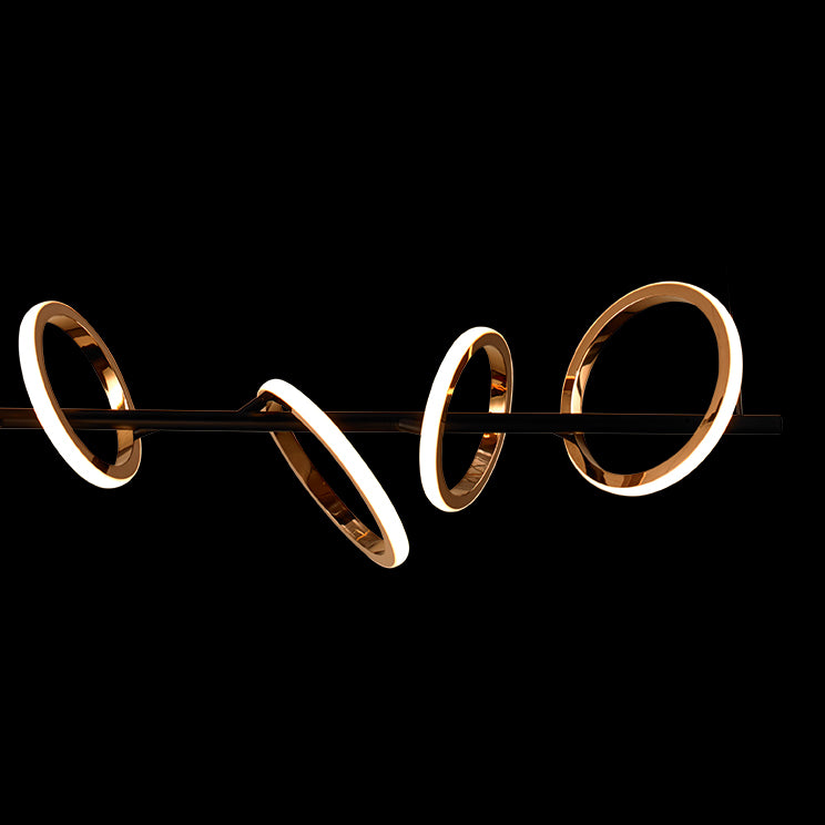 Soleil Custom 5A Linear Pendant Light by Lucretia Lighting featuring five illuminated rings suspended on a linear bar for modern interiors