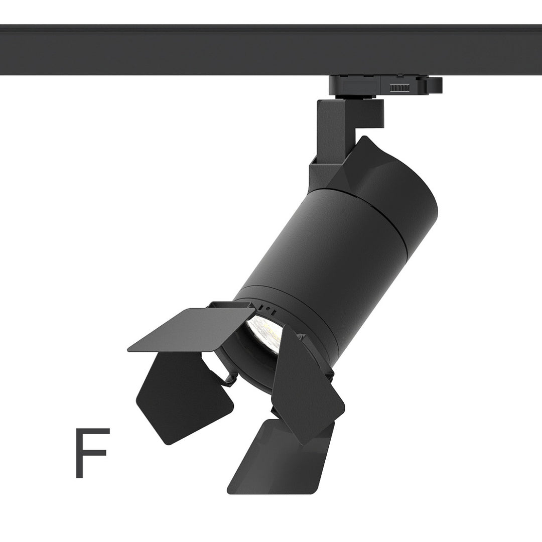 Lucretia Muse Ø84 showroom track light with glare control accessory for retail lighting.