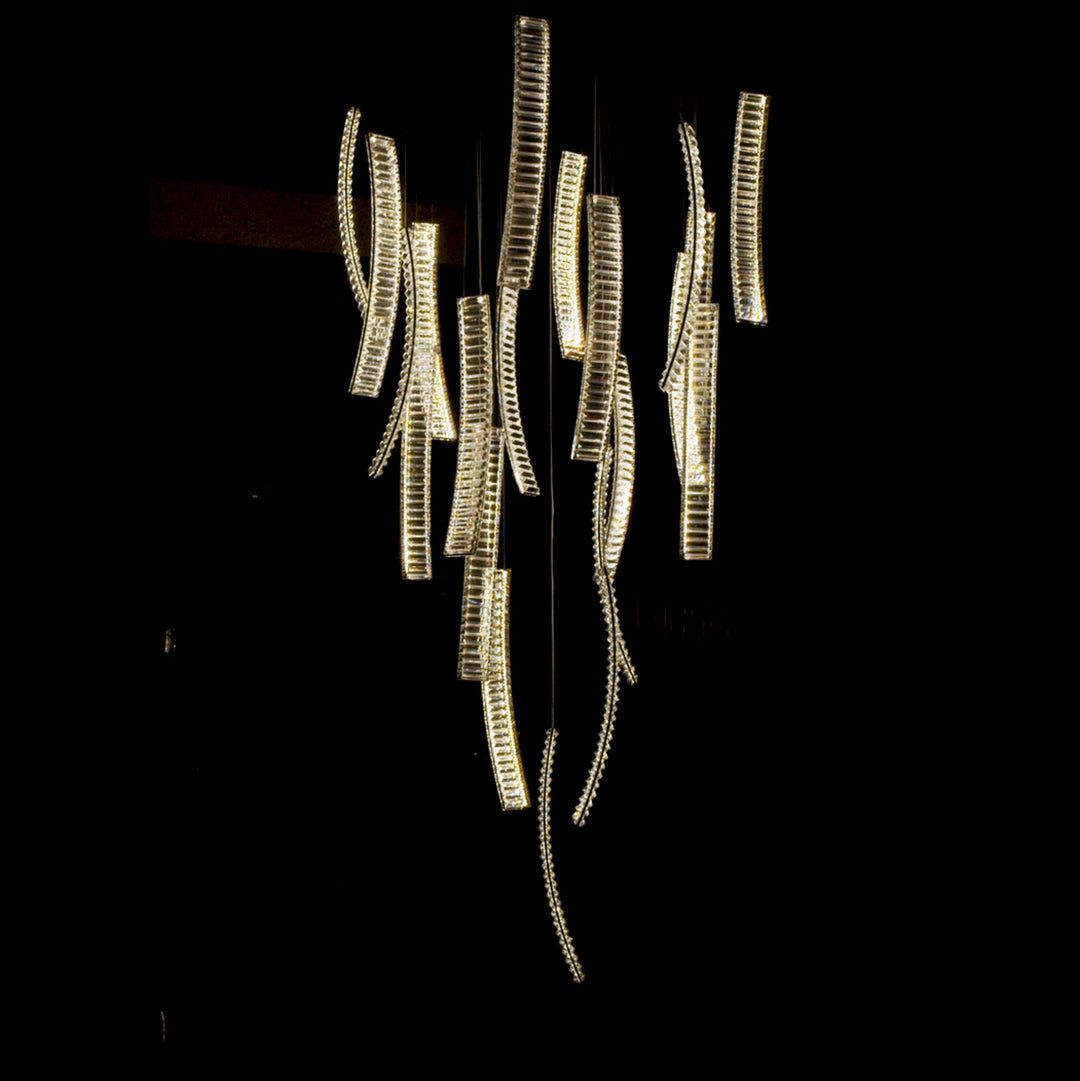 Lucretia Pharaoh Curve crystal chandelier with flowing curved LED design for stair void and double height luxury interiors