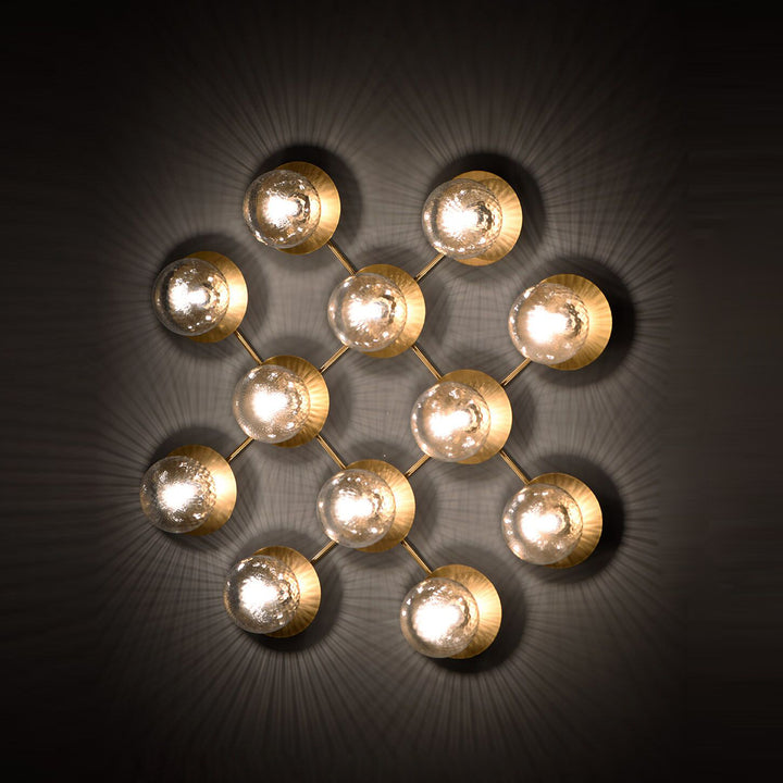 Lustre Wall Grid ceiling light with rippled glass spheres, modern LED wall lighting, sculptural geometric design, ambient home lighting fixture