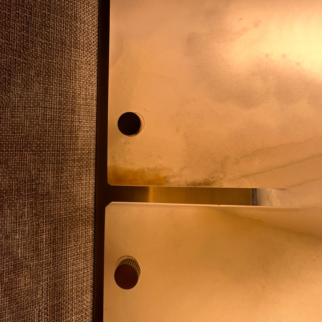 Closeup detail of Manhattan Jade Wall Lamp alabaster diffuser modern LED wall light for home interiors