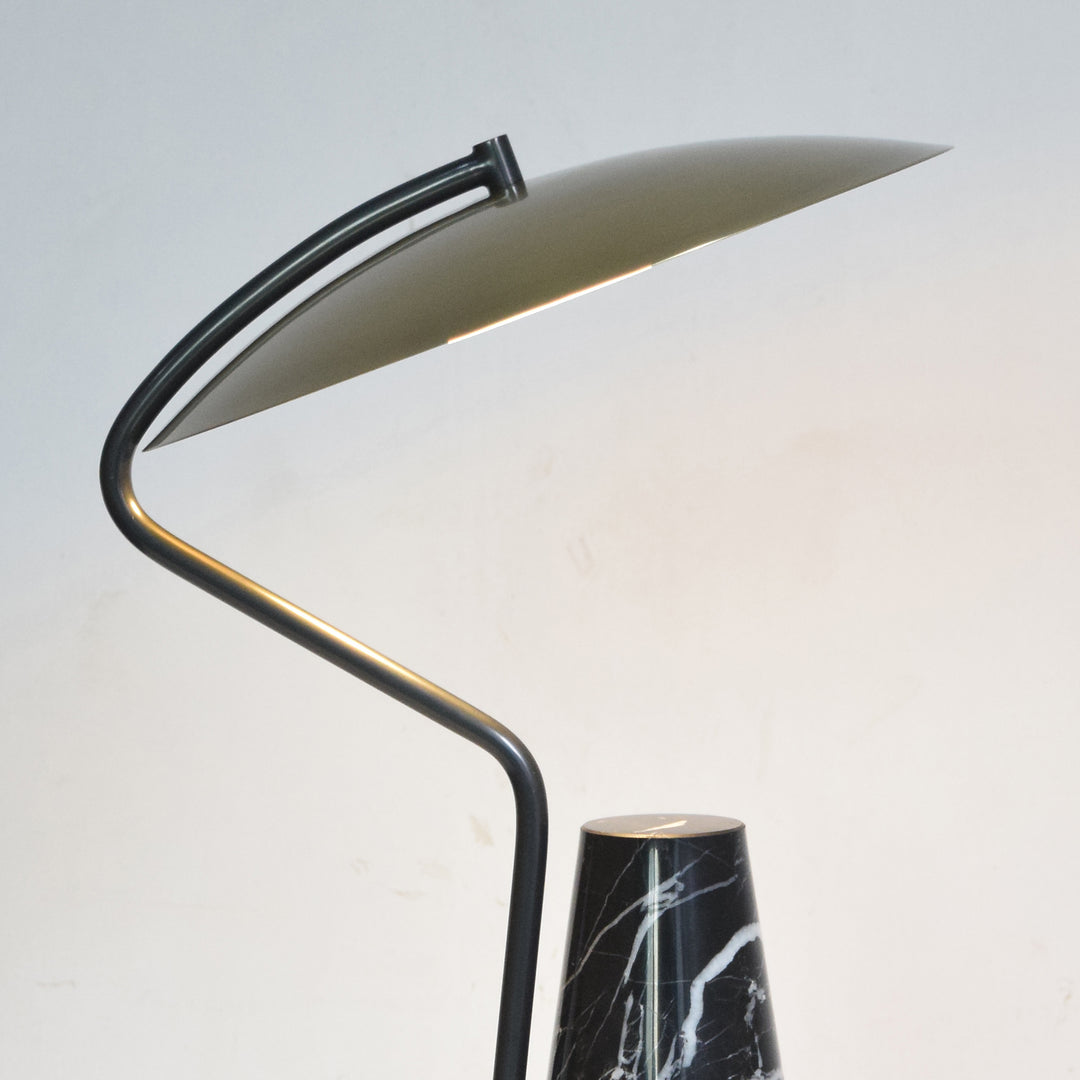 Console table lamp featuring a polished metal arm and solid black marble base, ideal for bedside lighting, desks and modern interiors.