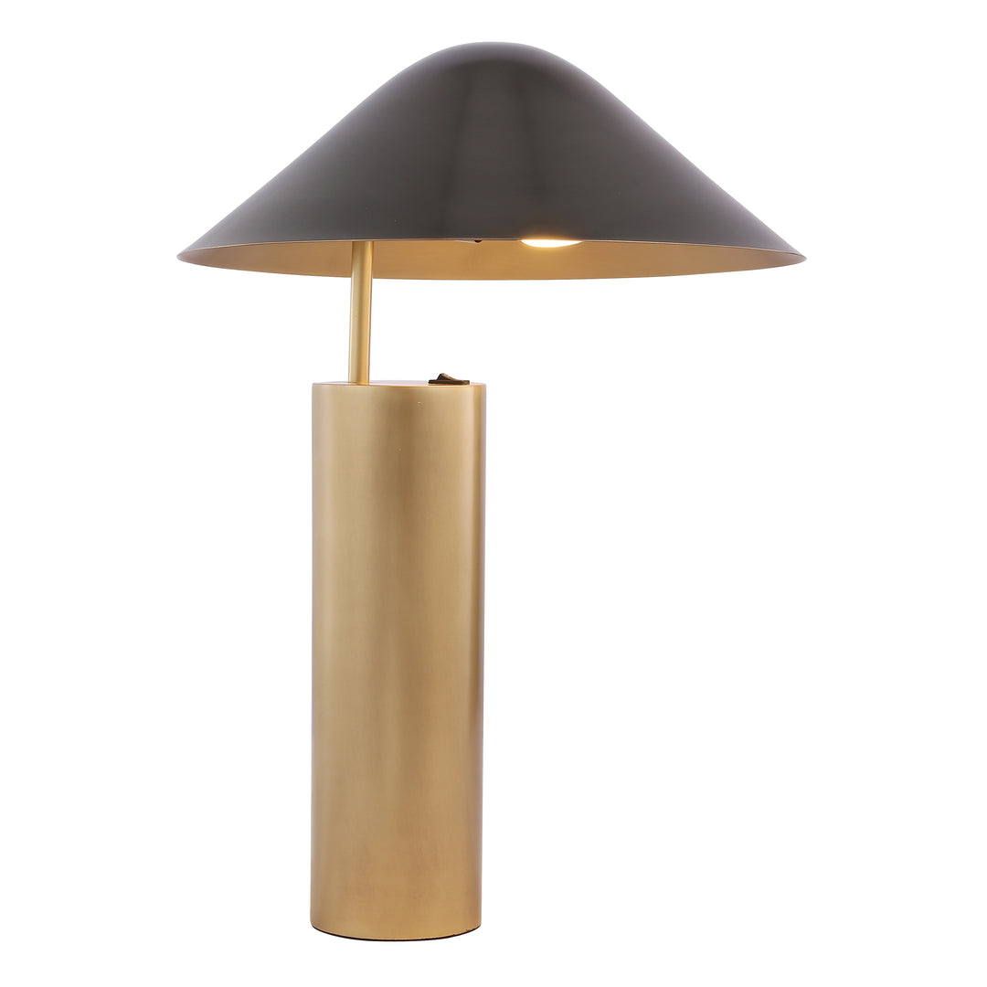 Modern brass console table lamp with black dome shade, featuring soft diffused lighting for contemporary Australian interiors.