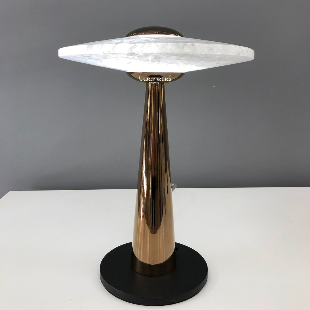 Side view of modern crystal table lamp with streamlined metal base for decorative Australian home styling.