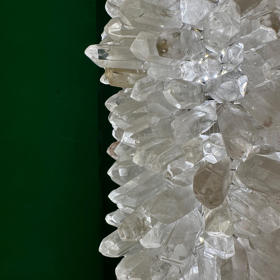 Modern Torre de Cristal vertical crystal wall lamp showcasing sculptural crystal clusters, contemporary designer wall light for living rooms, hallways, and feature walls