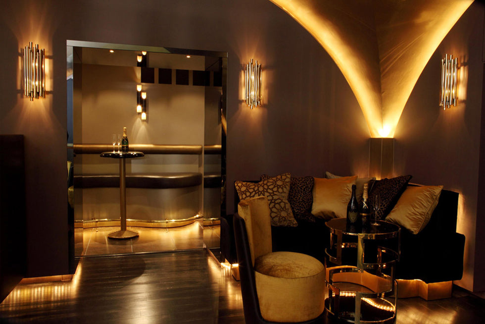 art deco brass tube wall sconce lighting hallway ambience luxury interior decorative led wall feature light