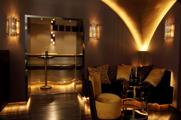 art deco brass tube wall sconce lighting hallway ambience luxury interior decorative led wall feature light