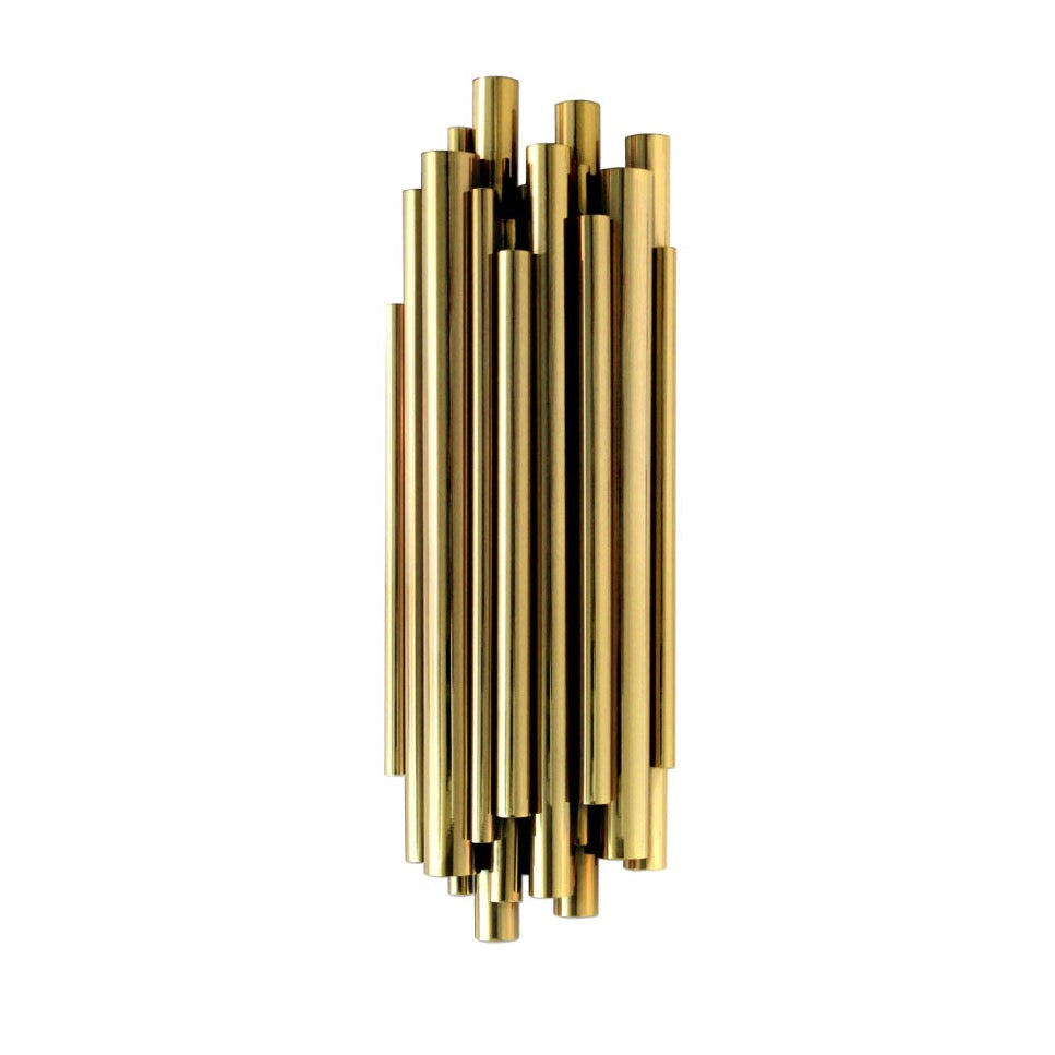 orchestral wall sconce featuring vertical layered brass tubes modern art deco led wall light for luxury interior lighting