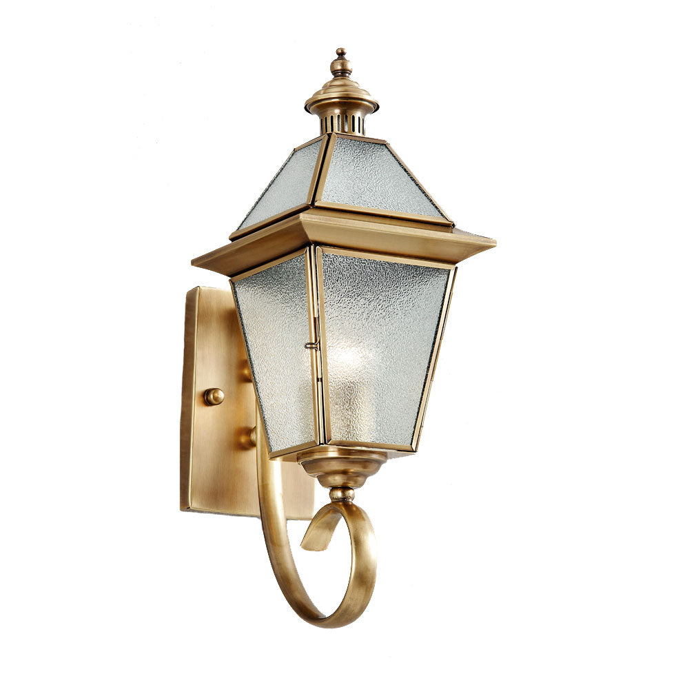 Brass outdoor lantern wall light with frosted glass and curved arm.