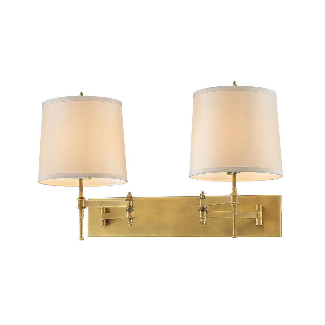 brass double arm wall lamp with fabric shades offering modern indoor wall lighting ideal for bedroom bedside wall light hallway wall lighting and ambient home illumination