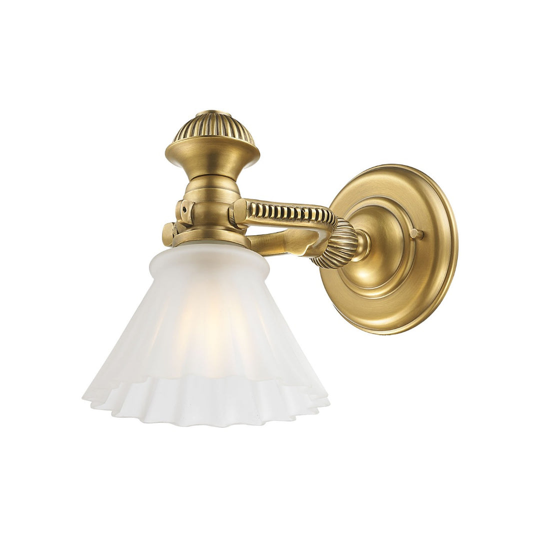 brass wall lamp with fluted frosted glass shade offering modern and traditional interior wall lighting ideal for hallways powder rooms and bedside ambient lighting