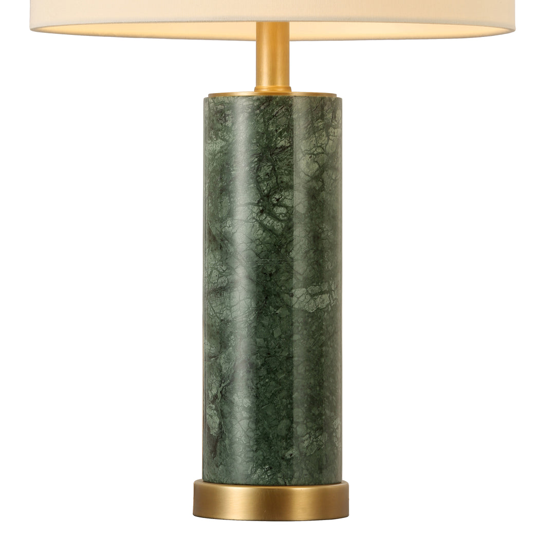 Top view of Verde Marble Table Lamp highlighting natural green stone veining and brass metal detailing.