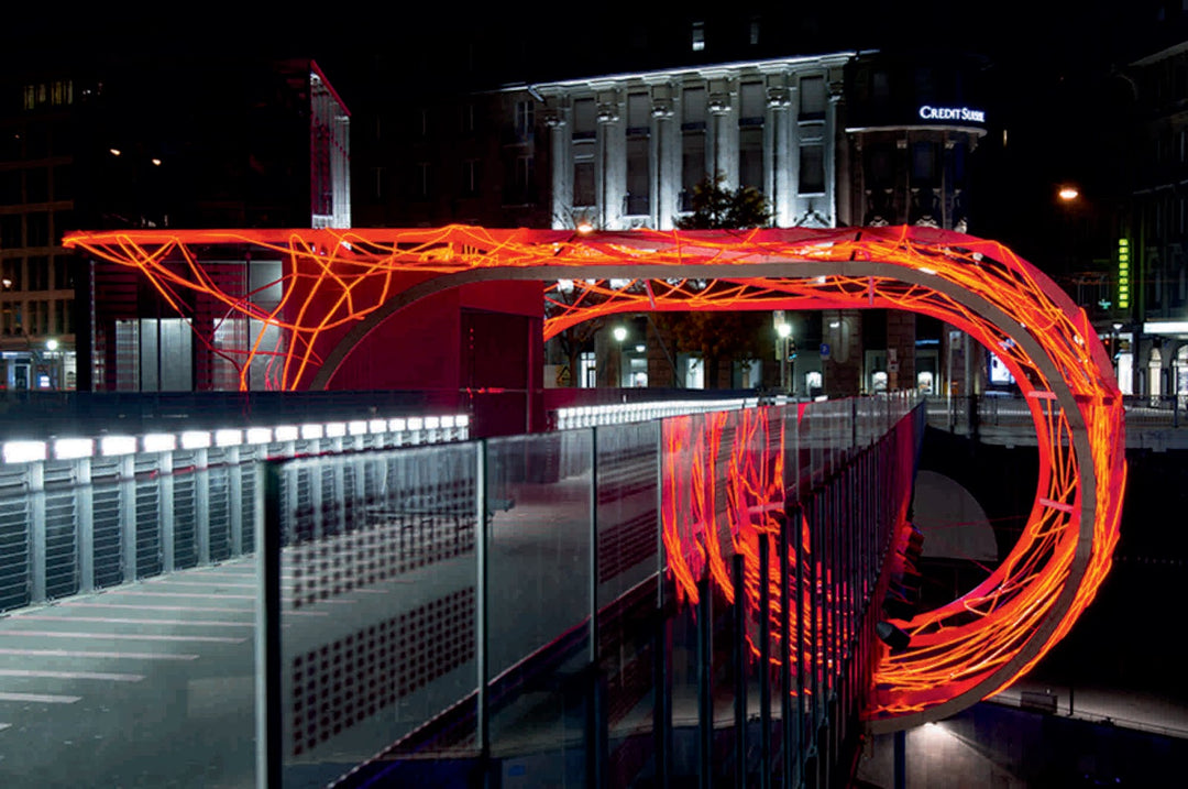 Neon LED flex strip outlining bridge and pathway architectural lighting