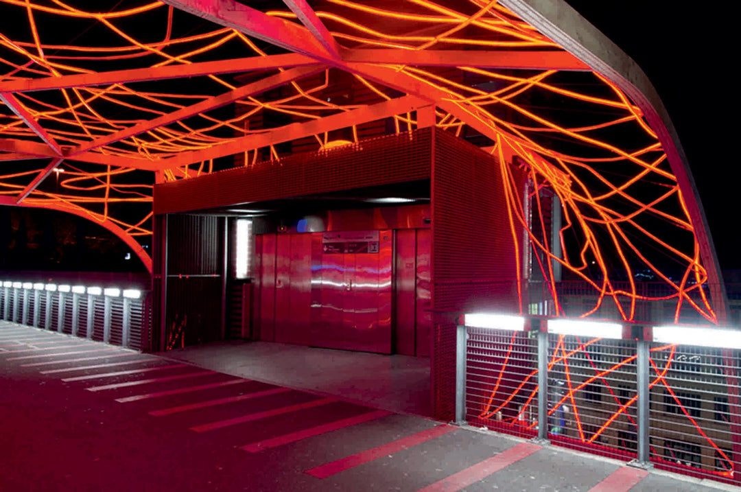 Outdoor neon LED flex integrated into architectural structure lighting